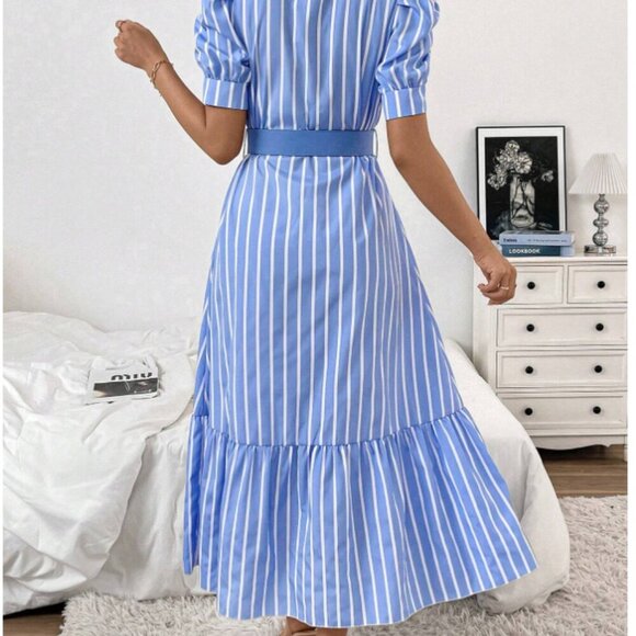 Temu | Striped Bltd Shirt Maxi Dress | Light Blue/White | Size XL/12 | Worn Once - Picture 3 of 8